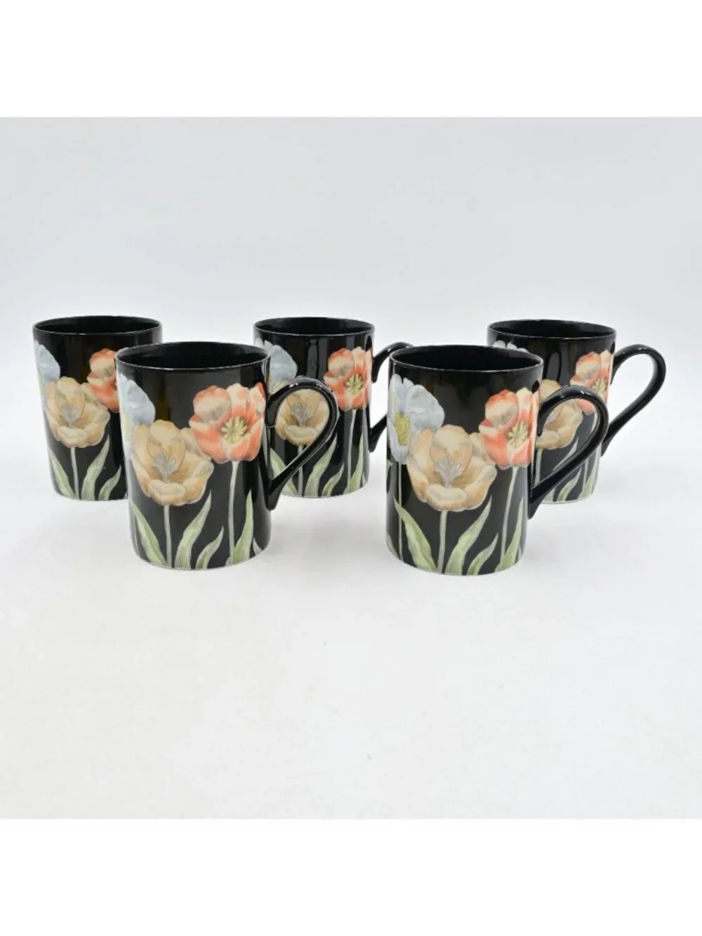 Fitz & Floyd Midnight Poppy Black Ceramic Floral Coffee Mugs Set Of 5